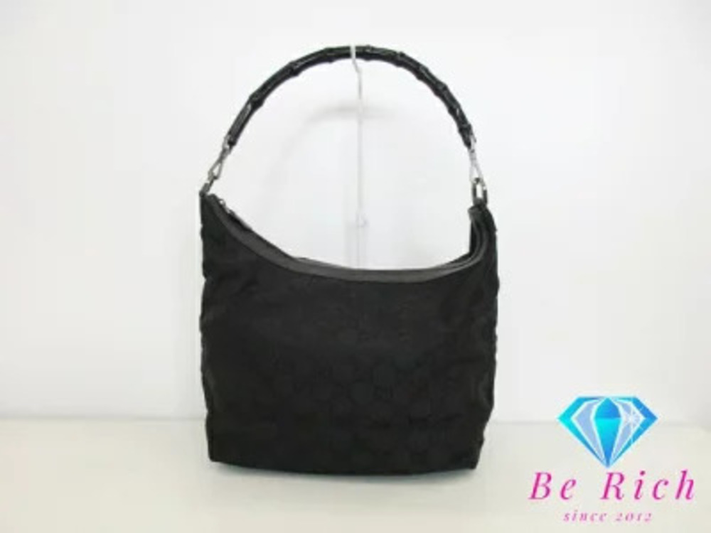 Gucci Handbag Bamboo Handle Black Canvas Leather Hobo Shoulder Bag Hobo One